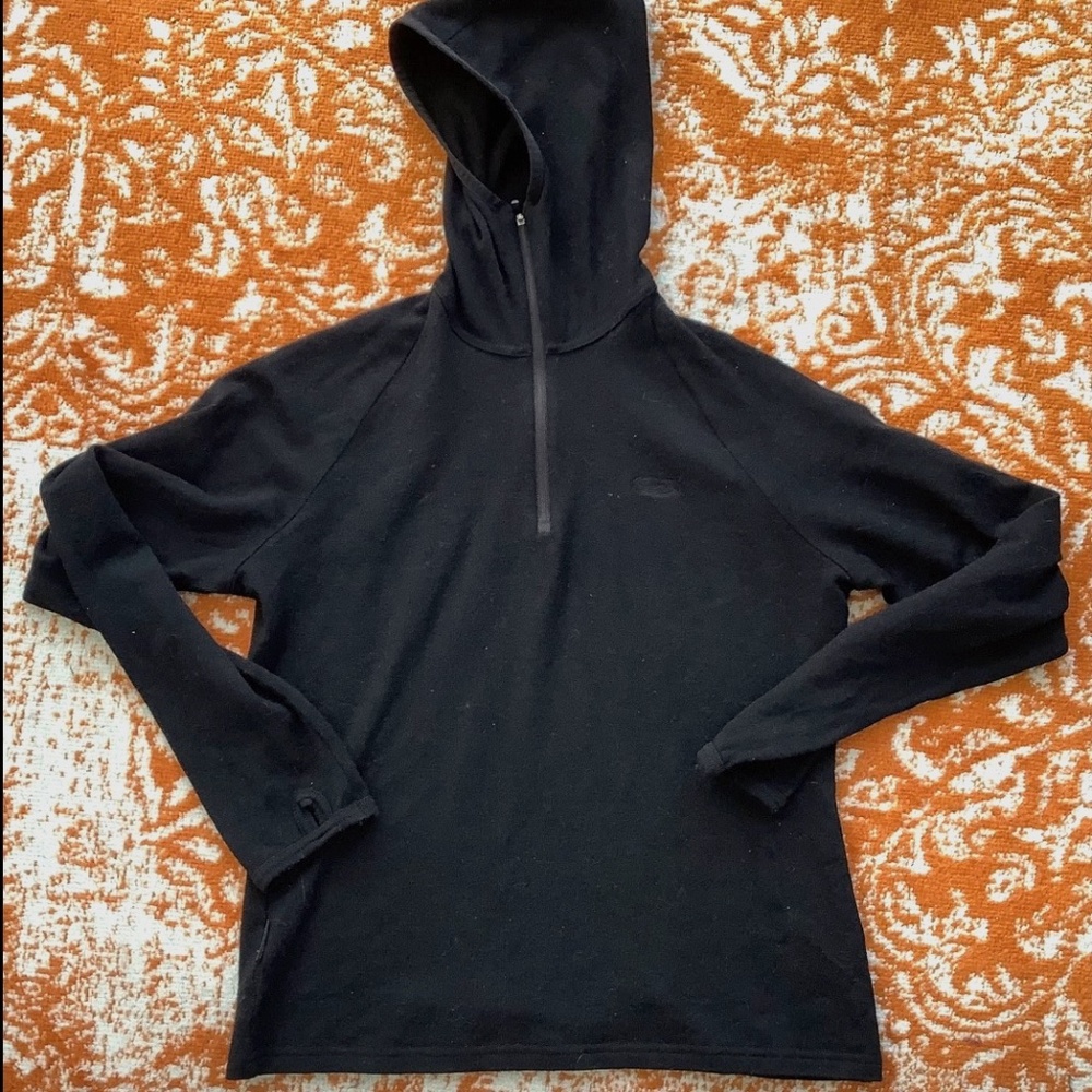 ICEBREAKER Black Hoodie 100% Wool, Quarter Zip and Thumbhole, Fits Size S to M